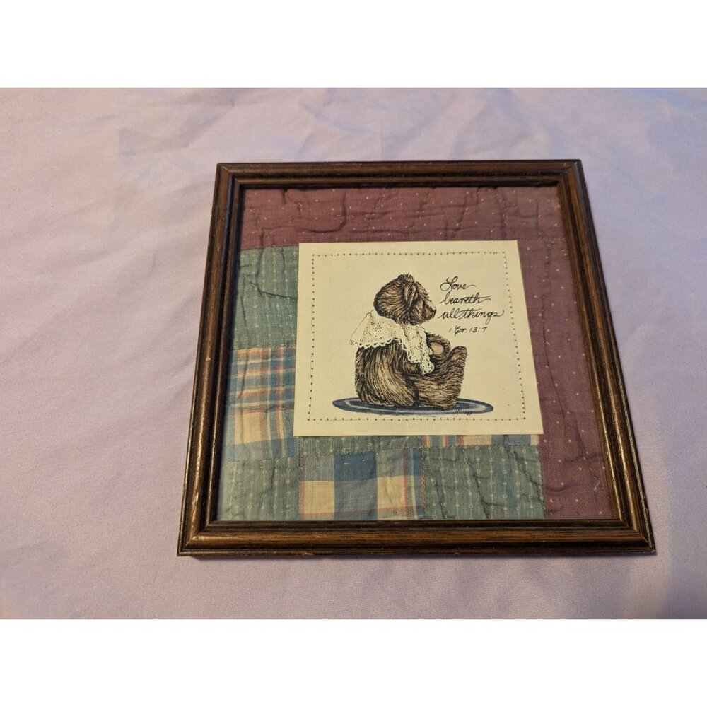 Vintage Gay Talbott Framed Art Print Quilted Fabric & Inspirational Bear Design